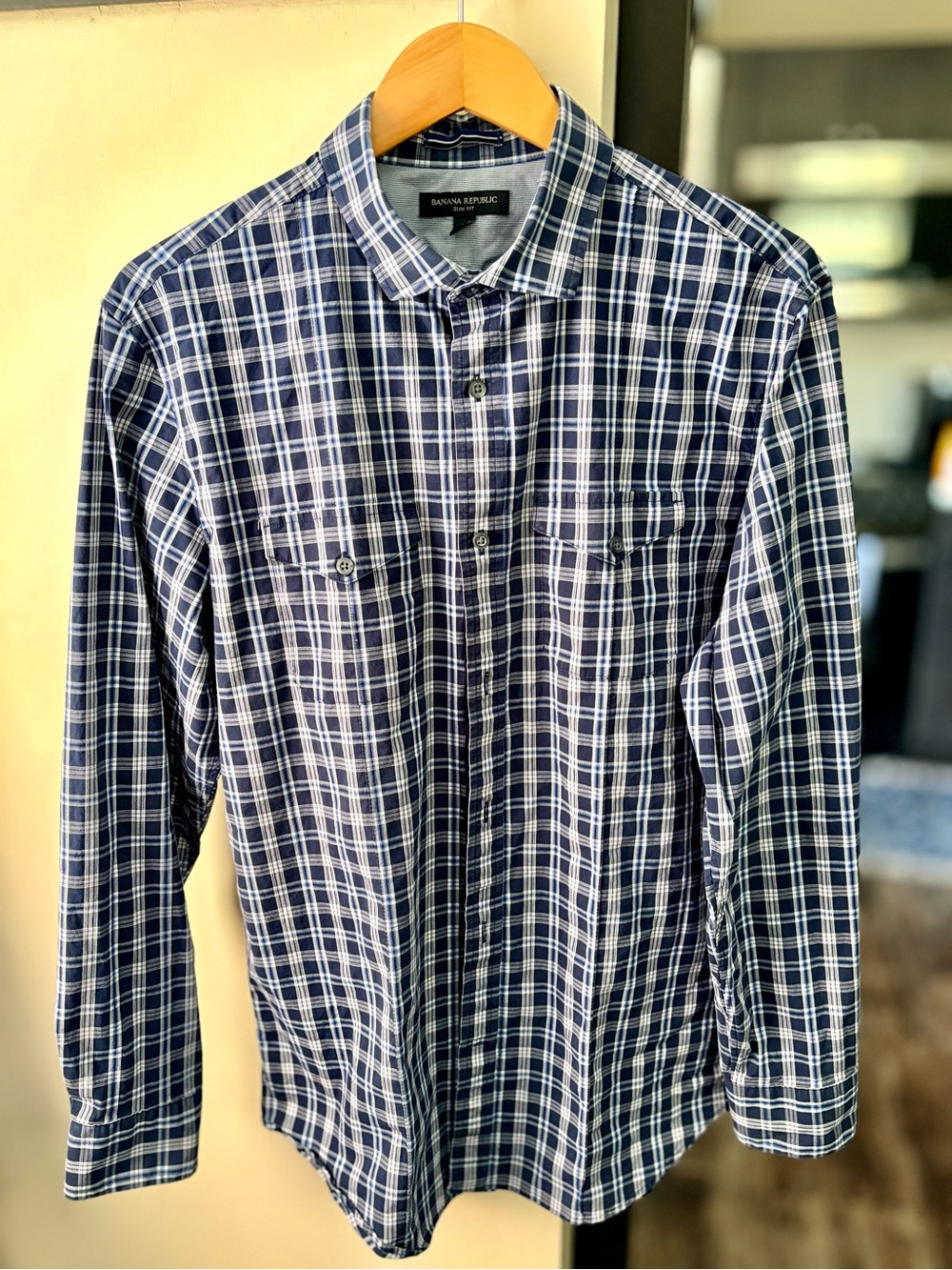 Banana Republic Navy and White Plaid Button-Down Shirt